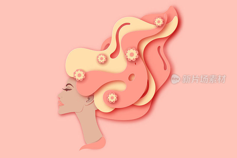 Vector paper portrait of young beautiful woman with long wavy hair with palm leaves, flowers, clouds. Modern paper layered art. Origami style.
